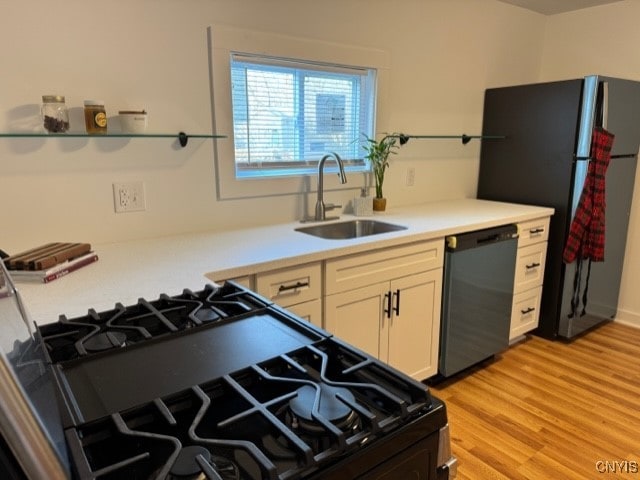 kitchen with light wood-type flooring, sink, and black appliances