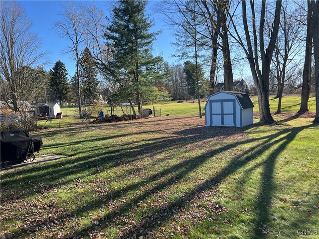 view of yard featuring a storage shed