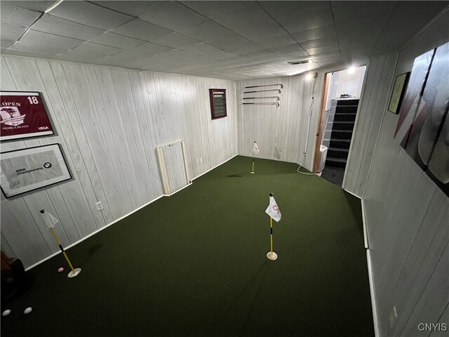 basement with carpet flooring and wooden walls