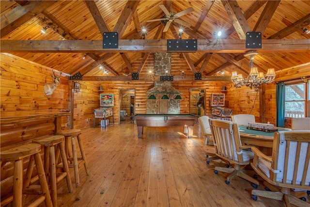 recreation room with beam ceiling, high vaulted ceiling, wooden ceiling, and light wood-type flooring