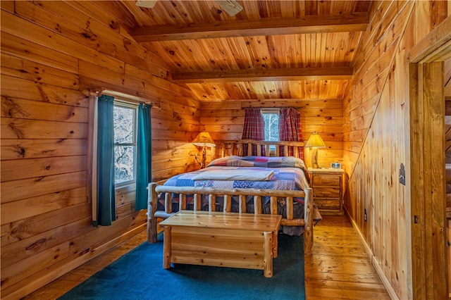 bedroom with hardwood / wood-style flooring, vaulted ceiling with beams, wood walls, and wooden ceiling