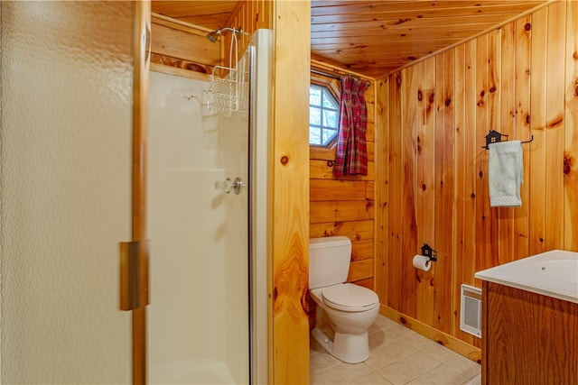 bathroom featuring tile patterned flooring, walk in shower, wooden ceiling, and wood walls