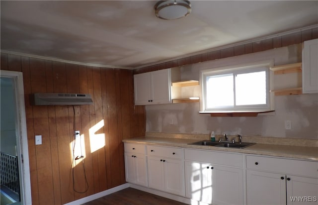 kitchen with dark wood-type flooring, crown molding, sink, wooden walls, and white cabinetry