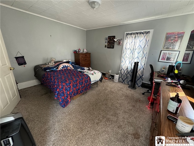 carpeted bedroom featuring ornamental molding