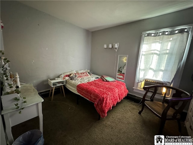 bedroom featuring dark carpet