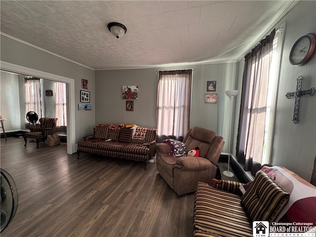 living room with plenty of natural light, crown molding, and dark wood-type flooring