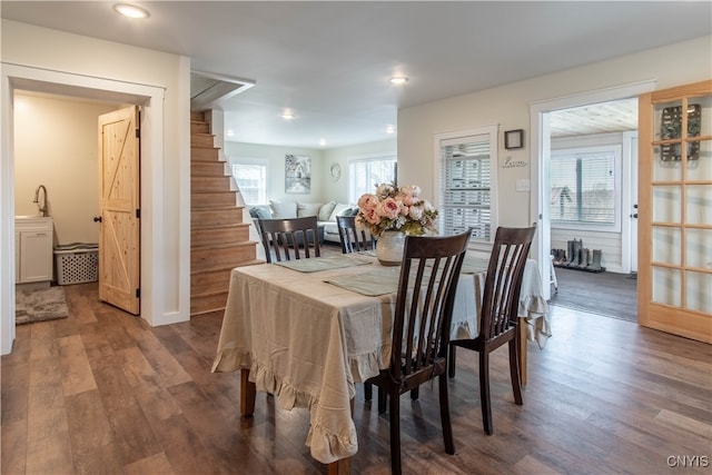 dining space with a wealth of natural light and dark wood-type flooring