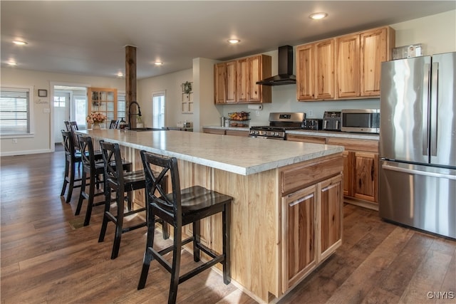 kitchen featuring appliances with stainless steel finishes, wall chimney exhaust hood, dark wood-type flooring, sink, and an island with sink