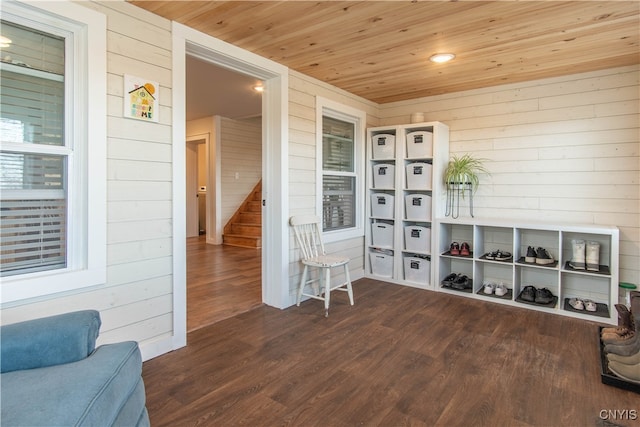 interior space featuring dark wood-type flooring, wooden walls, and wood ceiling