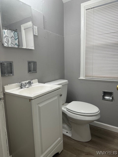 bathroom with hardwood / wood-style flooring, vanity, and toilet