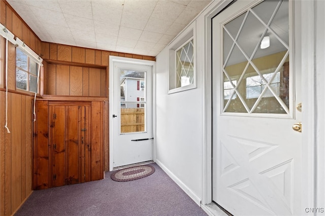 doorway to outside featuring carpet floors and wood walls