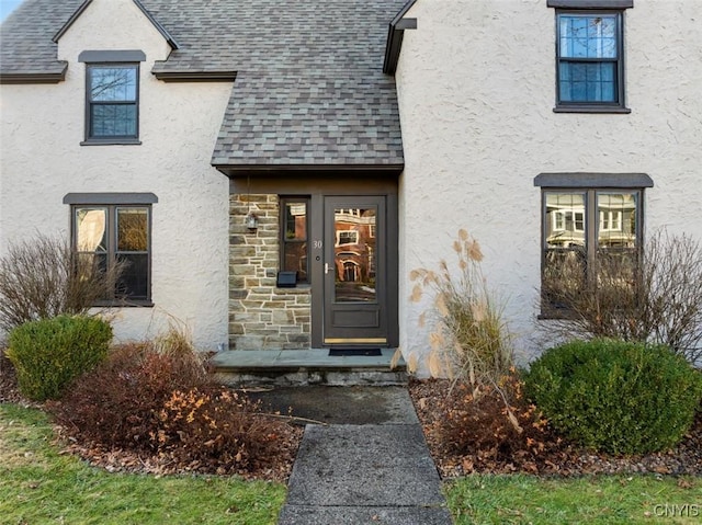 30 University Ave, Hamilton, NY 13346 - property entrance with stucco siding, a shingled roof, and stone siding