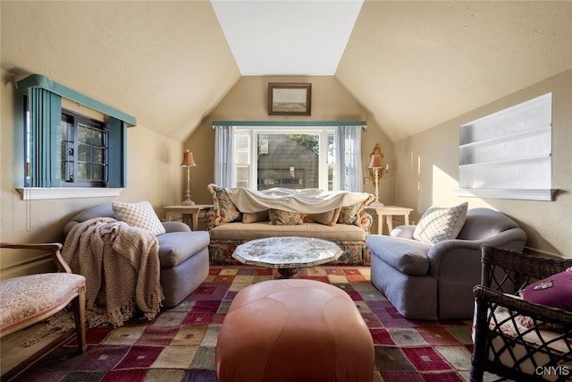 living area featuring lofted ceiling