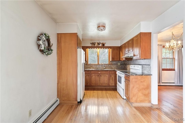 kitchen featuring light wood-type flooring, white appliances, a healthy amount of sunlight, and sink