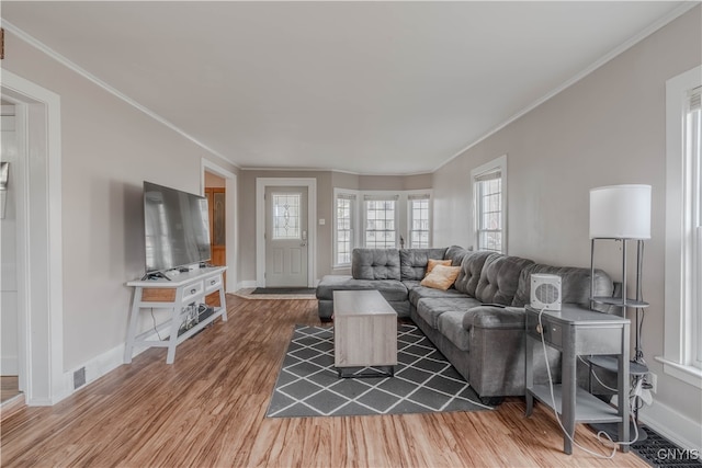 living room featuring plenty of natural light, ornamental molding, and hardwood / wood-style flooring