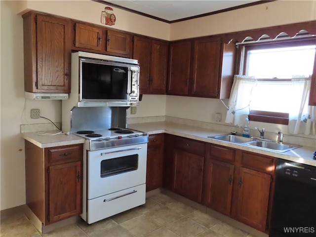 kitchen with dishwasher, sink, white range oven, crown molding, and light tile patterned floors