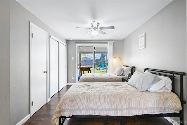 bedroom with access to outside, dark hardwood / wood-style floors, and ceiling fan