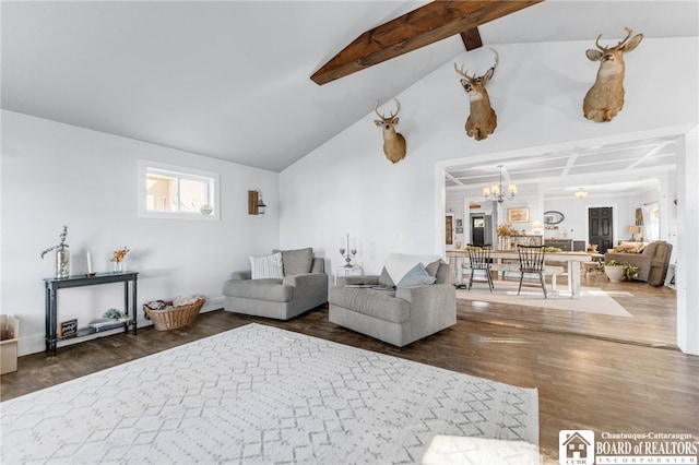 living room featuring beamed ceiling, high vaulted ceiling, an inviting chandelier, and wood finished floors