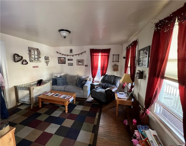 living room with dark wood-type flooring and a healthy amount of sunlight