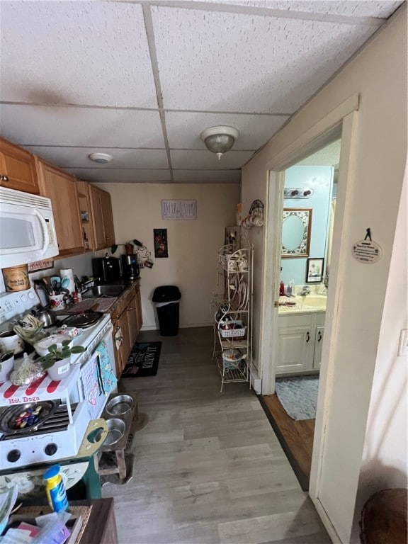 kitchen with a paneled ceiling and light wood-type flooring