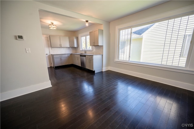 kitchen featuring dishwasher, backsplash, and dark wood-type flooring