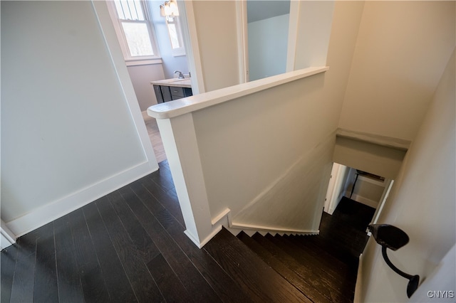 stairway with sink and hardwood / wood-style flooring