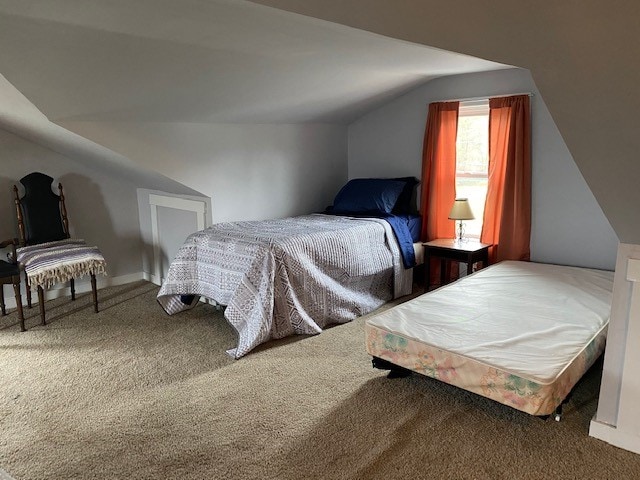 bedroom featuring carpet flooring and lofted ceiling