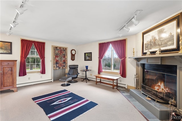 living area with rail lighting and a baseboard heating unit