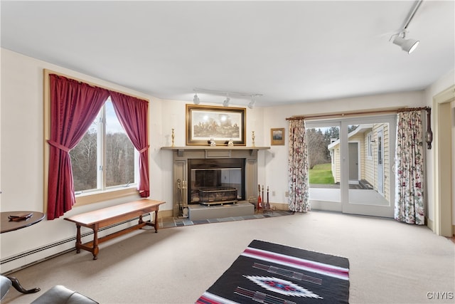 carpeted living room featuring track lighting and a baseboard heating unit