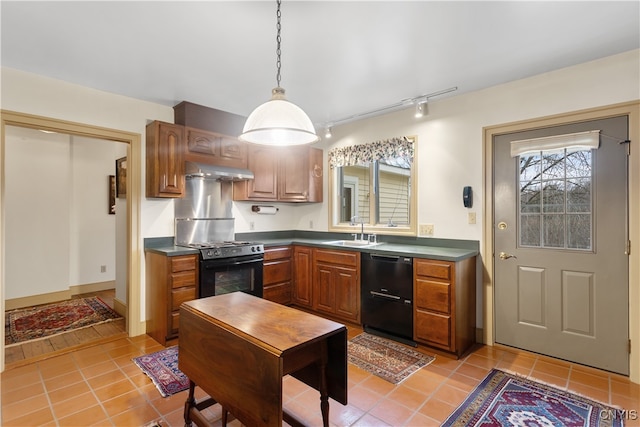 kitchen with stove, sink, decorative light fixtures, dishwasher, and light tile patterned flooring