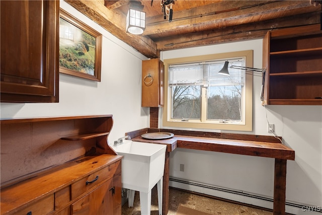 office with beam ceiling and baseboard heating