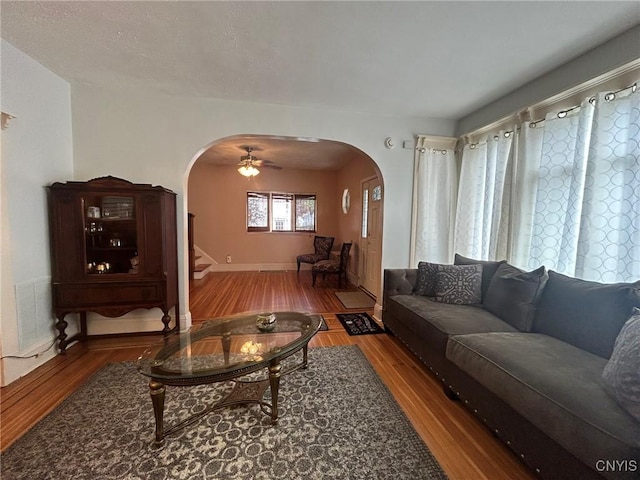 living room featuring ceiling fan and wood-type flooring