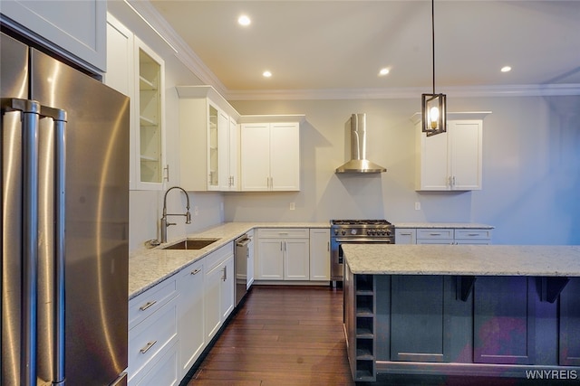 kitchen featuring white cabinetry, dark hardwood / wood-style flooring, light stone countertops, and appliances with stainless steel finishes