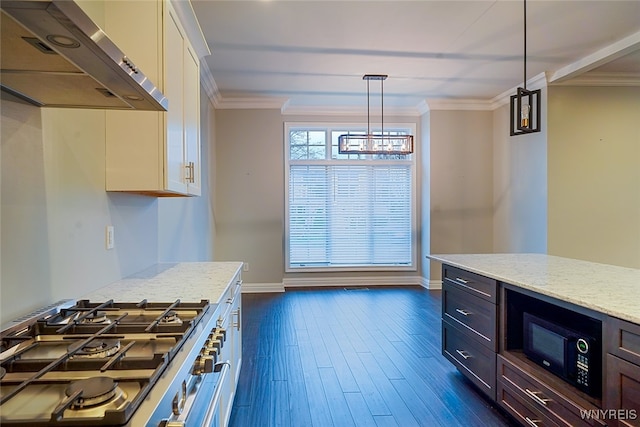 kitchen featuring black microwave, dark wood-type flooring, extractor fan, decorative light fixtures, and high end range