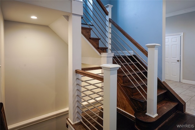 stairs with crown molding