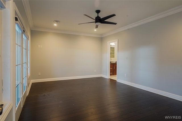 spare room with ceiling fan, dark hardwood / wood-style flooring, and ornamental molding