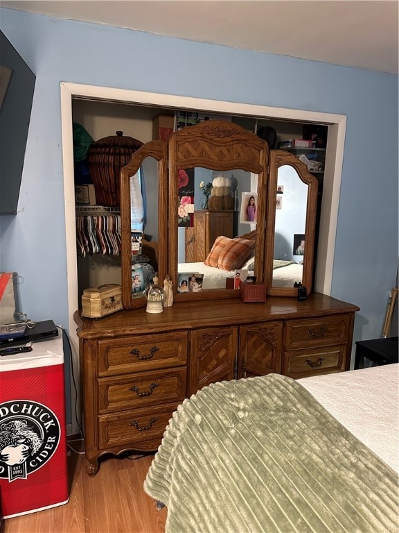 bedroom featuring wood-type flooring and a closet