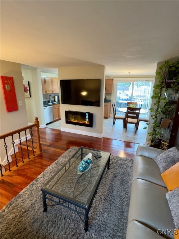 living room with sink and wood-type flooring