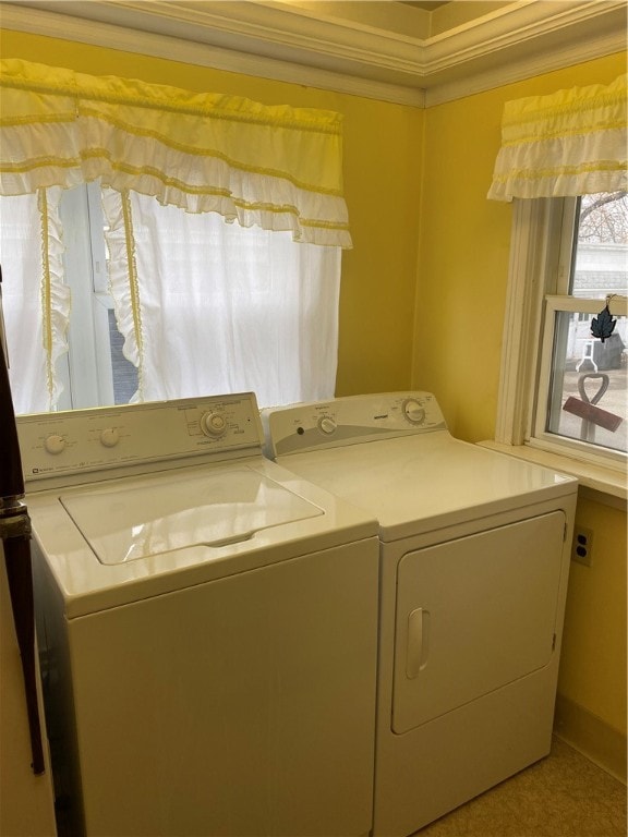 clothes washing area with crown molding and washing machine and clothes dryer