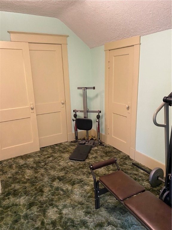 exercise area with carpet, a textured ceiling, and vaulted ceiling