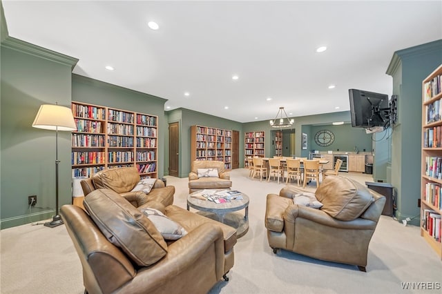 carpeted living room featuring crown molding