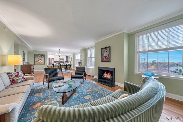 living room with plenty of natural light, crown molding, a chandelier, and light hardwood / wood-style flooring