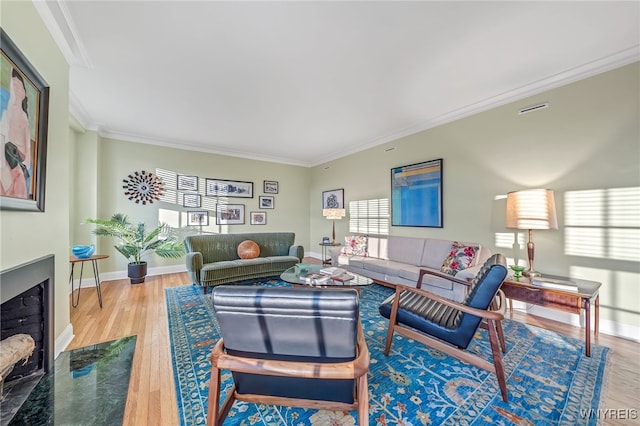 living room featuring wood-type flooring and crown molding