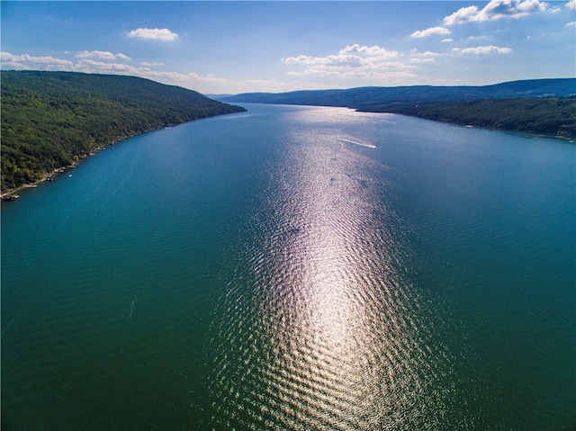 drone / aerial view featuring a water and mountain view