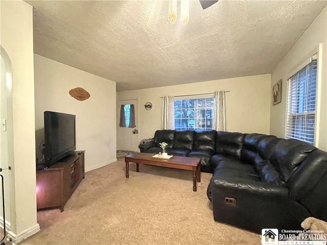 living room with a textured ceiling, light colored carpet, and plenty of natural light