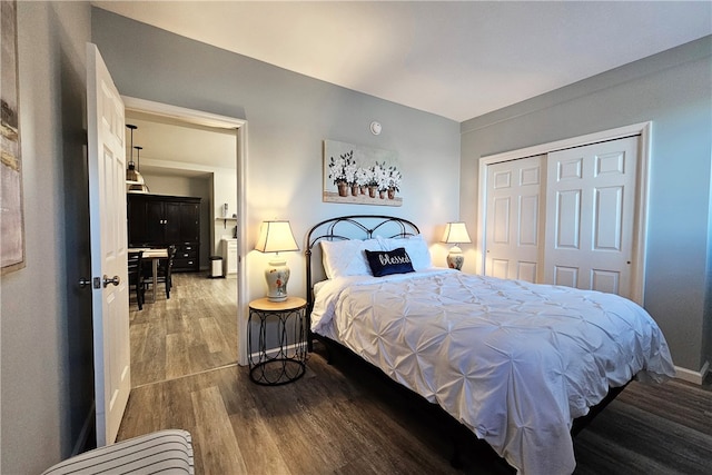 bedroom featuring dark hardwood / wood-style flooring and a closet