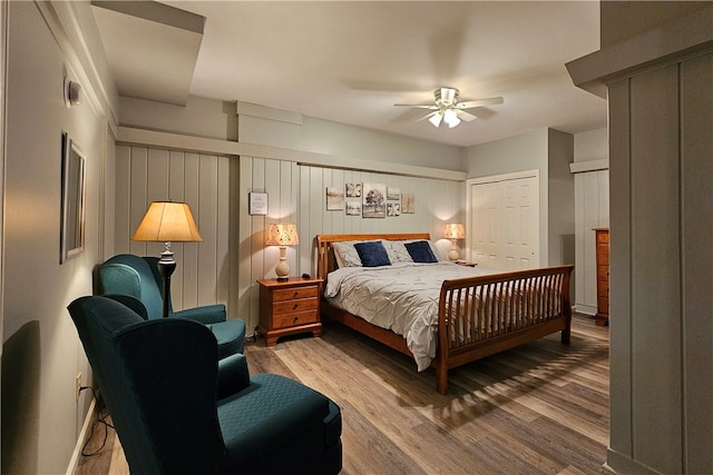 bedroom featuring ceiling fan and wood-type flooring