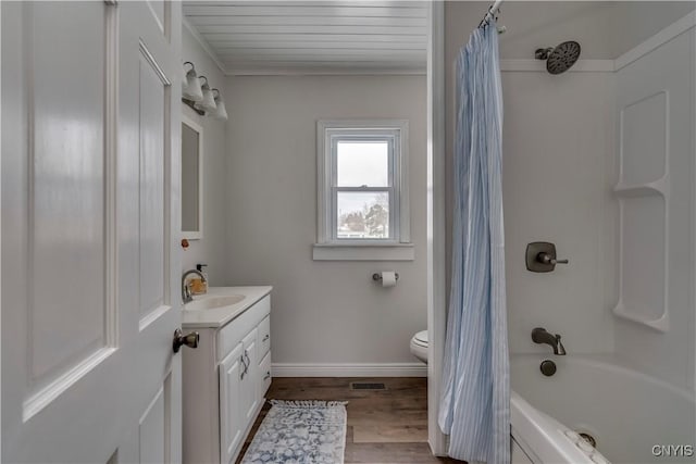 full bathroom featuring hardwood / wood-style floors, vanity, toilet, shower / bath combo with shower curtain, and wood ceiling