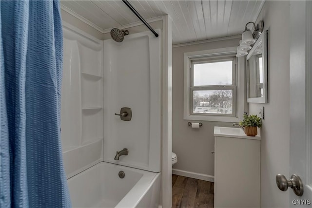 full bathroom featuring vanity, hardwood / wood-style flooring, toilet, ornamental molding, and shower / tub combo