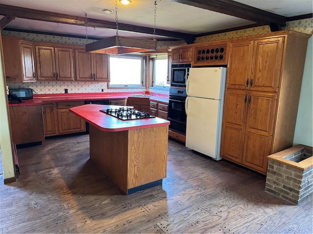 kitchen with black appliances, dark hardwood / wood-style floors, tasteful backsplash, beamed ceiling, and a kitchen island